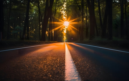 Road in the forest at night with sunbeams and lens flareの素材