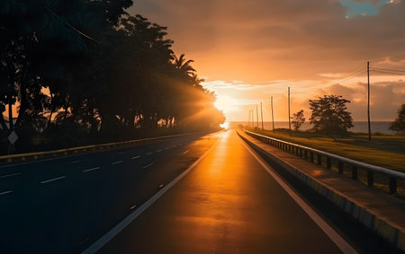 Sunset on the road in the tropics. Landscape.の素材