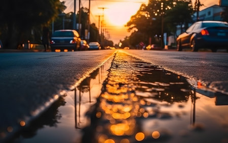 Raindrops on the asphalt road in the city at sunset. Shallow depth of field.の素材