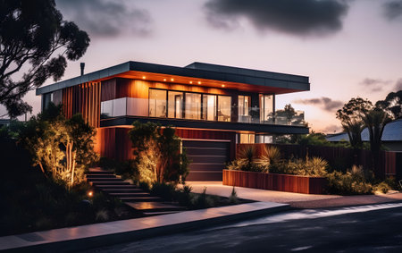 Sunset view of a modern house in Santa Barbara, California.の素材
