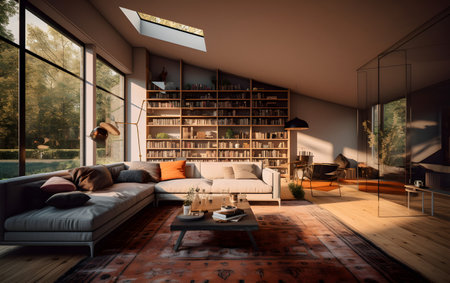 3d rendering of modern living room interior design with bookshelfの素材