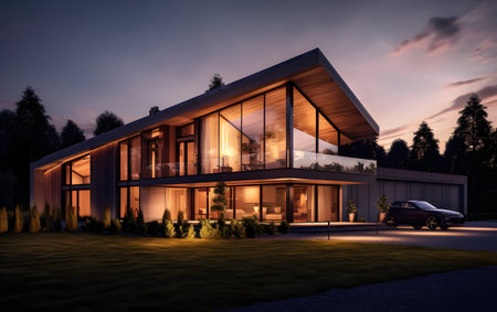 3d rendering of modern cozy house with garage and pool for sale or rent with beautiful landscaping on background. Clear summer night with many stars on the sky.の素材