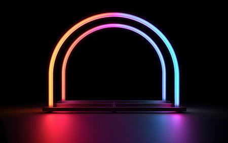 Neon arch on a black background. 3d render, 3d illustration.の素材