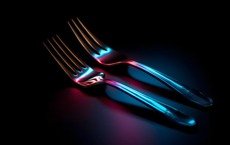 Fork and knife in blue light on black background. 3d renderingの素材