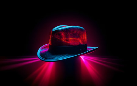 Black hat with red light on a dark background. 3d renderingの素材