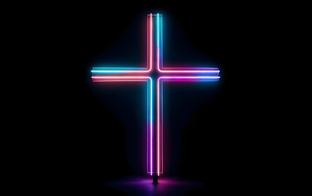 Glowing neon cross on a black background. 3d rendering.の素材
