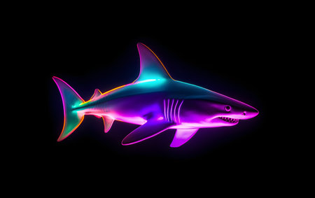 Shark on black background. 3d illustration. Neon light.の素材