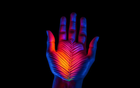 Human hand with glowing neon leaf on black background. 3D renderingの素材