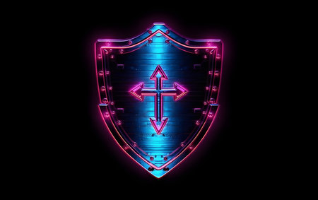 Shield with arrows on black background. 3D rendering. Neon signs.の素材