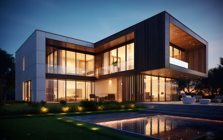 3d rendering of modern cozy house with pool and parking for sale or rent in luxurious style. Clear summer night with cozy light from window.の素材