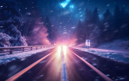 Winter road with car lights and snowfall in the background. Night scene.の素材