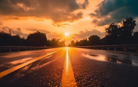 Asphalt road through the forest at sunset with beautiful sky background.の素材