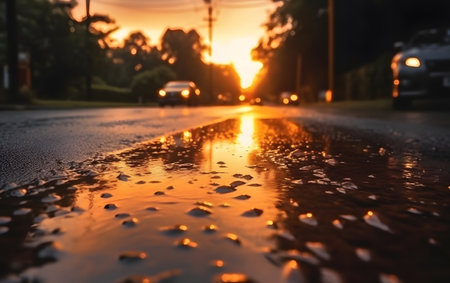 Raindrops on the asphalt road during sunset. Blurred background.の素材