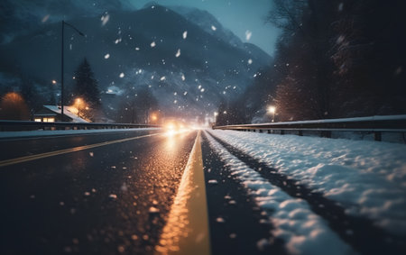 Winter road in the mountains at night with snowflakes on the asphaltの素材