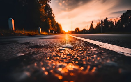 Raindrops on the asphalt road at sunset. Selective focus.の素材