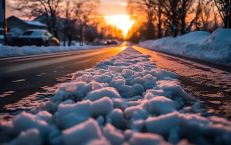 snow on the road at sunset in winter, beautiful photo digital pictureの素材
