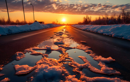 Beautiful winter landscape with frozen asphalt road and colorful sunset sky.の素材