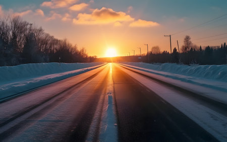 Sunset on the highway in winter. Road in the snow.の素材