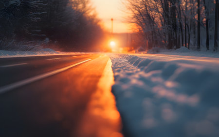 Snowy winter road at sunset. Car tracks in the snow.の素材