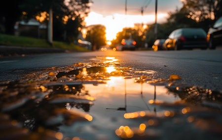 Reflection of the sunset in a puddle on the road.の素材