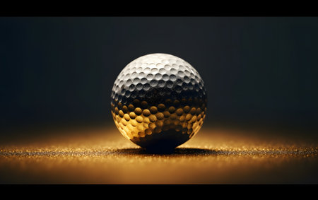 Golf ball on a golden background. 3d illustration. Copy-space.の素材