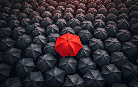 Red umbrella in a crowd of black umbrellas. 3d renderingの素材