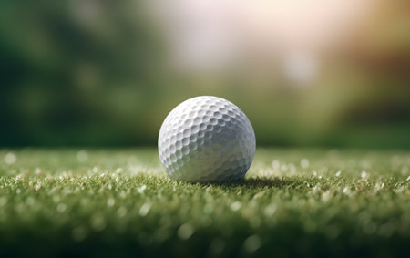 Golf ball on green grass. Close up of golf ball on green grassの素材