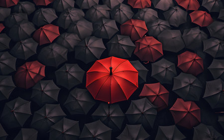 Umbrella in the rain. Black and red umbrellas.の素材