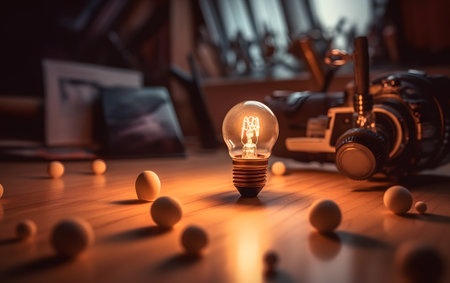 Light bulb on wooden table. Business and technology concept. 3D Renderingの素材