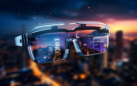 Virtual reality glasses against view of the city at night 3D renderingの素材