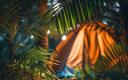 Camping tent in tropical forest with palm leaves and bokehの素材