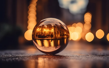 Glass ball with reflection of the night city. Christmas and New Year concept.の素材