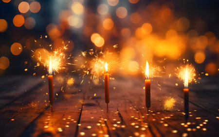 Burning sparklers on a wooden table with bokeh backgroundの素材