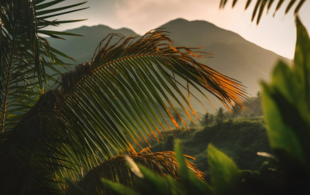Palm tree leaves in the morning light on the background of the mountainsの素材