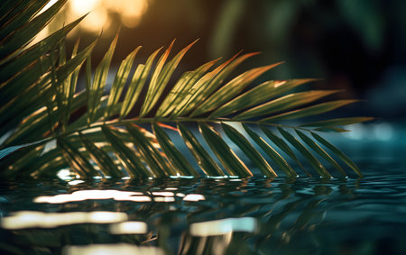 Beautiful green palm leaf with reflection in the water at sunset. Selective focus.の素材