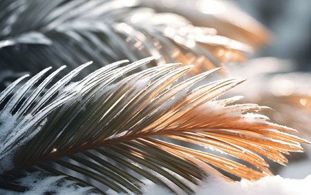 Frosted palm leaf close-up. Natural winter background.の素材