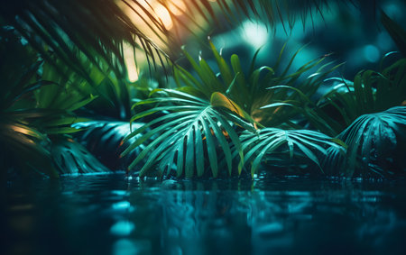 Tropical palm leaves in the rainforest. Nature background.の素材