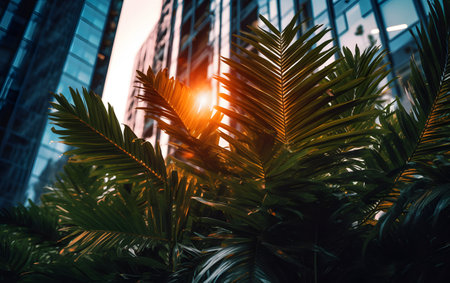Green leaves of palm trees in the city at sunset. nature backgroundの素材