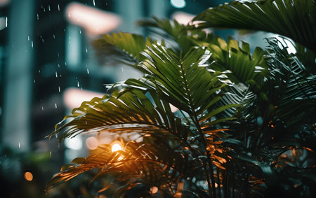 Tropical palm leaves in the rain. Selective focus.の素材