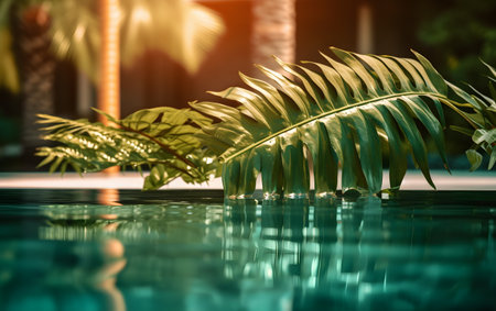 Tropical palm leaf with reflection in swimming pool at sunset.の素材