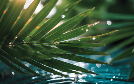 Close up of green palm leaf on blue water background with sunlight.の素材