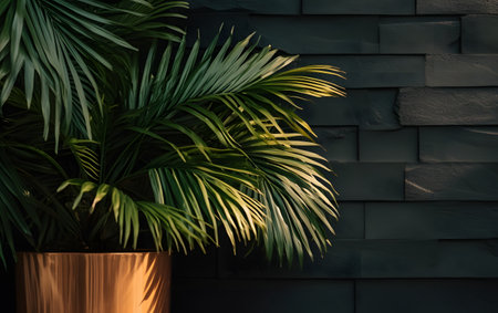 Green palm leaves in a vase on a black brick wall backgroundの素材