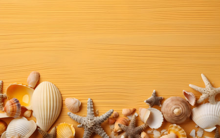 Seashells and starfish on wooden background, top viewの素材