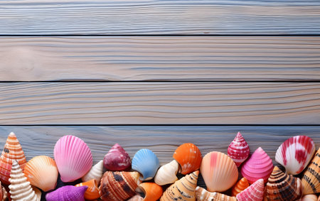 Colorful seashells on wooden background. Top view with copy spaceの素材