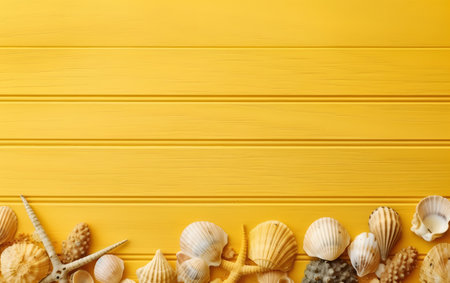 Seashells on yellow wooden background. Top view with copy spaceの素材