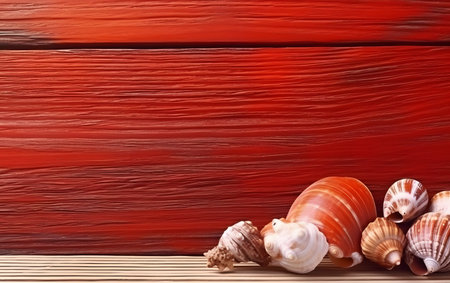 Seashells on a red wooden background with copy space.の素材