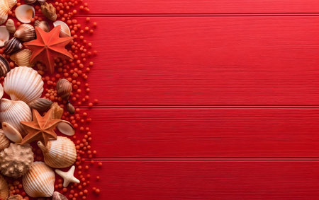 Sea shells on red wooden background. Top view with copy space.の素材