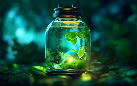 Glass jar with green plant inside on dark background. Ecology concept.の素材