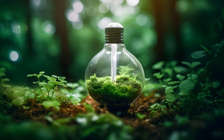 Glass glowing light bulb with green moss inside in forest. Eco and environment concept. 3D Renderingの素材