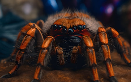 Close-up of a tarantula spider on a brown backgroundの素材